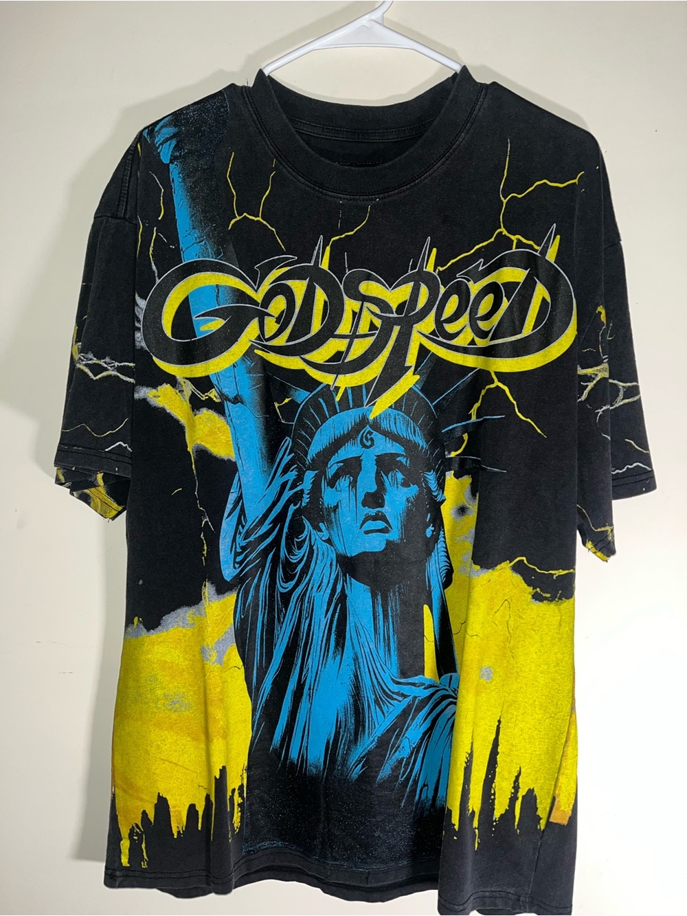 Godspeed Black Graphic Tee with Blue & Yellow Statue Print